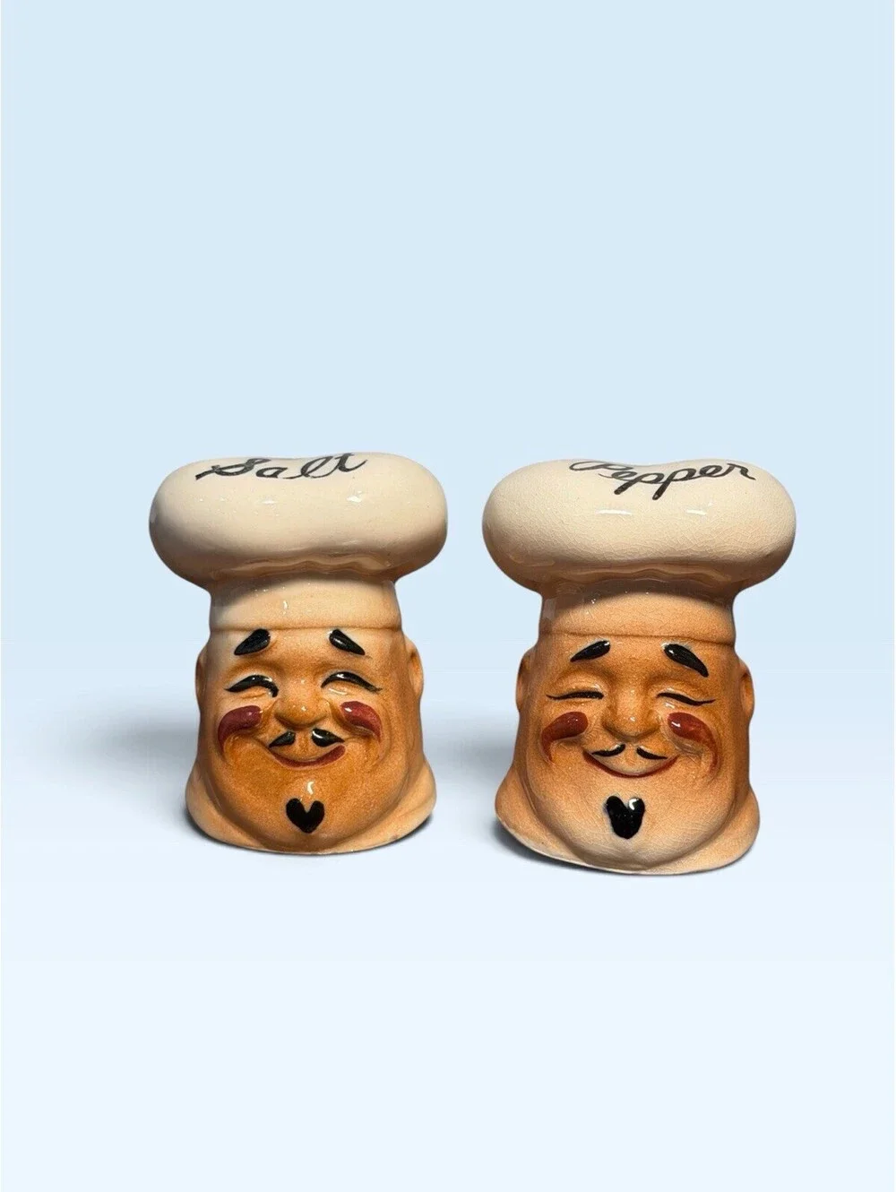 Vtg 50’s Chef Jolly Cook Salt & Pepper Shakers Range Set Toque Hat Japan Trinket